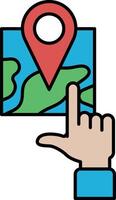 A hand pointing to a map with a red pin on it vector