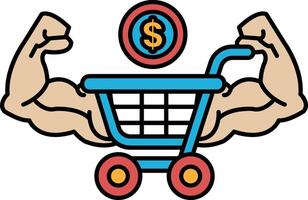 A man with bulging muscles is holding a shopping cart with a dollar sign on it vector