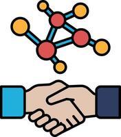 A hand shaking another hand with a molecule in the background vector