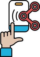 A hand pointing to a phone with a red and blue circle on it vector