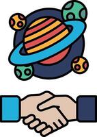 A hand shaking a hand next to a colorful planet vector
