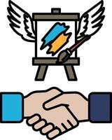 A painting of two hands shaking hands with a painting of a brush vector