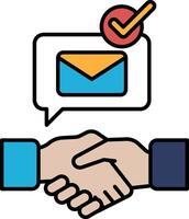 A handshake between two people with a check mark on the right hand vector