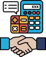 A hand shake between two people with a calculator vector