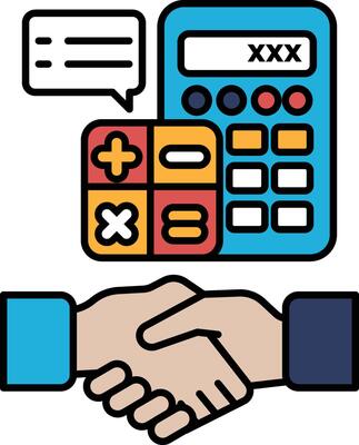 A hand shake between two people with a calculator