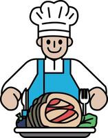 A cartoon chef is smiling and holding a plate of food with a knife and fork vector
