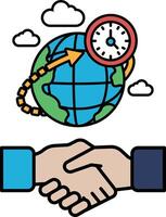 A hand is shaking another hand in front of a globe and a clock vector