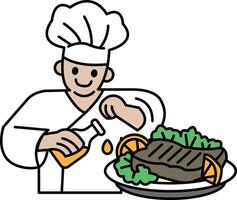 A chef is preparing a meal with a bottle of oil and a plate of food vector
