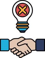 A light bulb with an X on it is shown between two hands vector