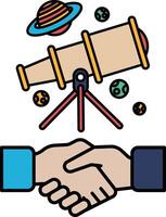 A hand shaking another hand with a telescope in the background vector