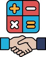 A hand shaking another hand with a calculator in the background vector