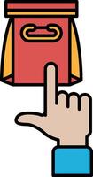 A hand pointing to a red bag with a white handle vector