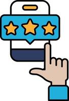 A hand pointing at a phone screen with three stars and a thumbs up vector