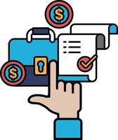 A hand is pointing at a briefcase with a key and a stack of money vector