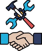 A picture of two hands shaking with a toolbox in the background vector