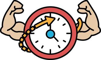A man with a muscular arm is holding a clock with the hands on the numbers 1 vector