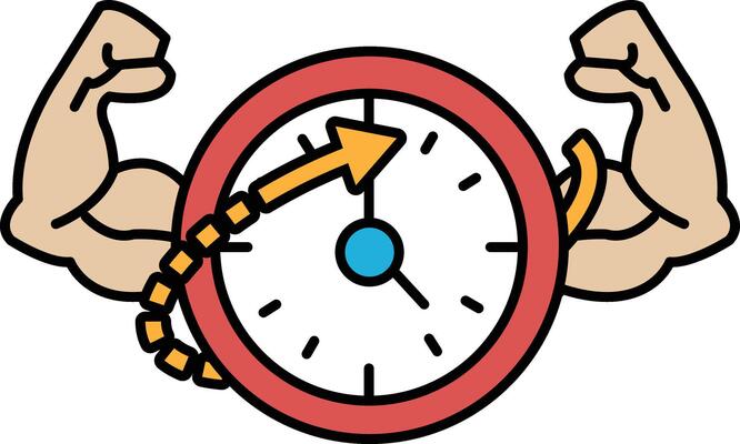A man with a muscular arm is holding a clock with the hands on the numbers 1