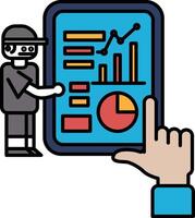 A man is pointing at a tablet with a graph on it vector