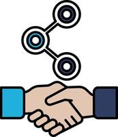 A hand shaking another hand with a blue circle in the middle vector