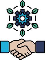 A graphic of two hands shaking with a gear in the background vector