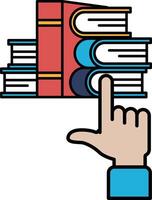 A hand pointing at a stack of books vector