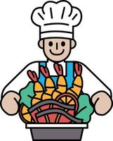 A chef is smiling and holding a tray of food, including shrimp and vegetables vector