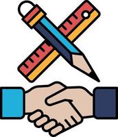 A pencil and a ruler are shown in a handshake vector