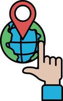 A hand pointing to a globe with a red pin on it vector