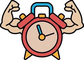 A cartoon of a man with a muscular arm holding a red alarm clock with the hands vector
