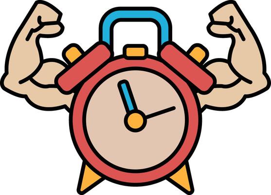 A cartoon of a man with a muscular arm holding a red alarm clock with the hands