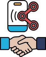 A hand shaking another hand with a phone in the background vector