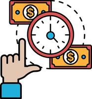 A hand pointing at a clock with two dollar bills in the background vector