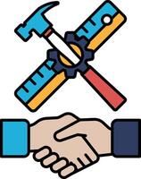 A hammer and a tape measure are shown in a handshake vector
