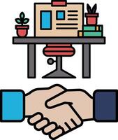A handshake between two people is shown with a desk and chair in the background vector