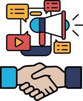A hand shaking another hand with a large speaker in the background vector