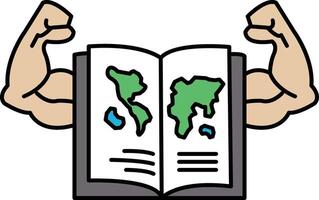 A man with his arms raised is holding an open book with a map of the world on th vector