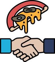 A hand shaking another hand with a pizza on top of it vector