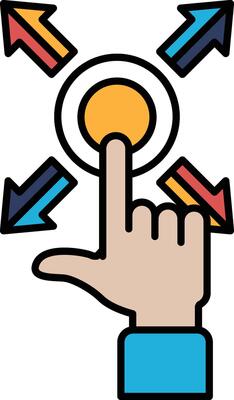 A hand pointing to a button with arrows pointing in different directions