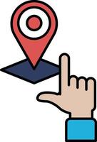 A hand pointing to a red dot on a map vector