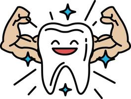 A cartoon tooth with a smile on it is surrounded by a muscular arm vector