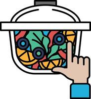 A hand is pointing at a pot of food with a lid on top vector