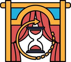 A red and yellow curtain with a clock on it vector