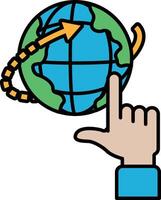A hand pointing at a globe with a line going through it vector