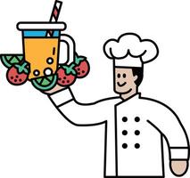 A chef is holding a cup of juice with a straw and a bunch of strawberries vector