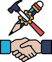 A handshake between two people with a hammer and a pencil in the background vector