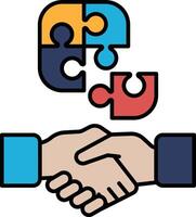 A puzzle piece is shown with a handshake in the middle vector