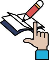 A pencil is on top of a book with a finger pointing to it vector