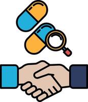 A hand shaking another hand with a pill bottle vector