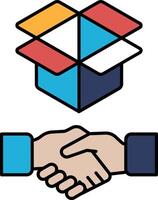 A hand shaking a box with a logo of a box on it vector