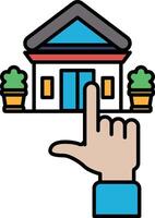 A hand pointing at a building with a blue roof vector